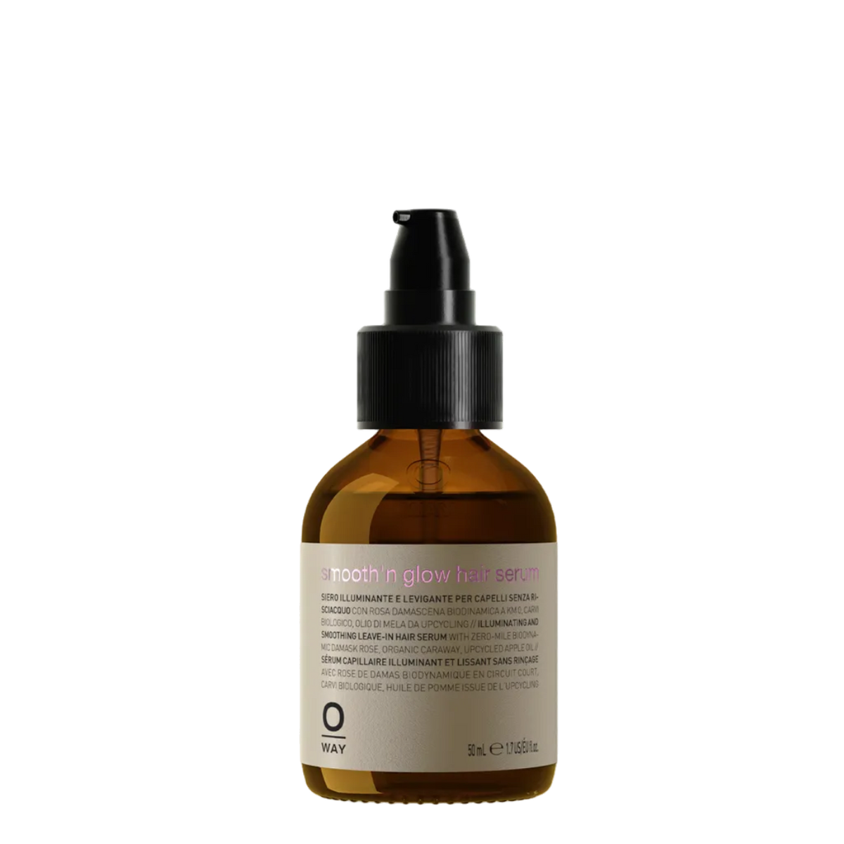 OWAY Smooth’n Glow Hair Serum 50 ml – glotninantis plaukų serumas gintariniame stiklo buteliuke